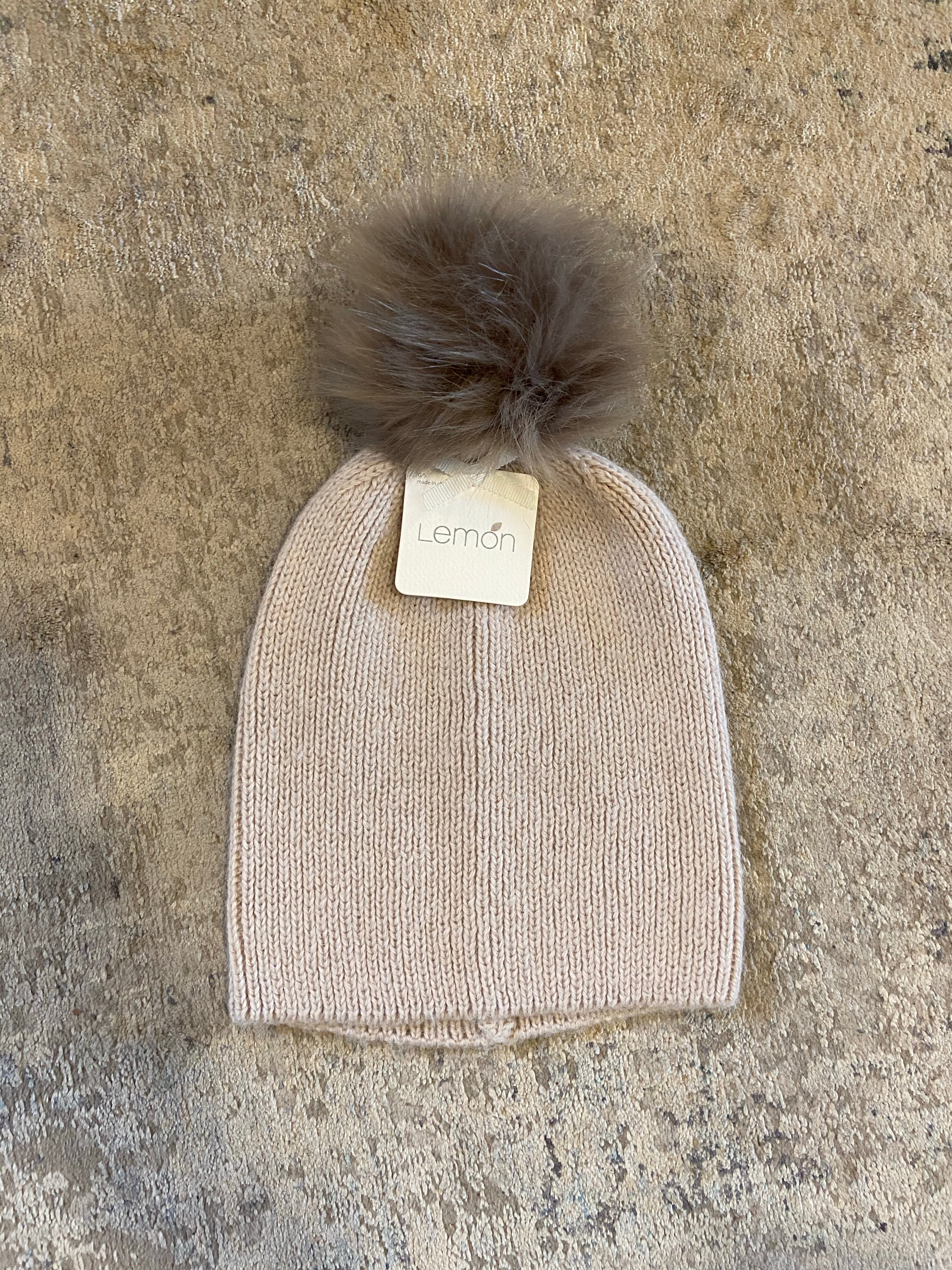 Fluffy Rib Hat W/ Pompom - Taupe